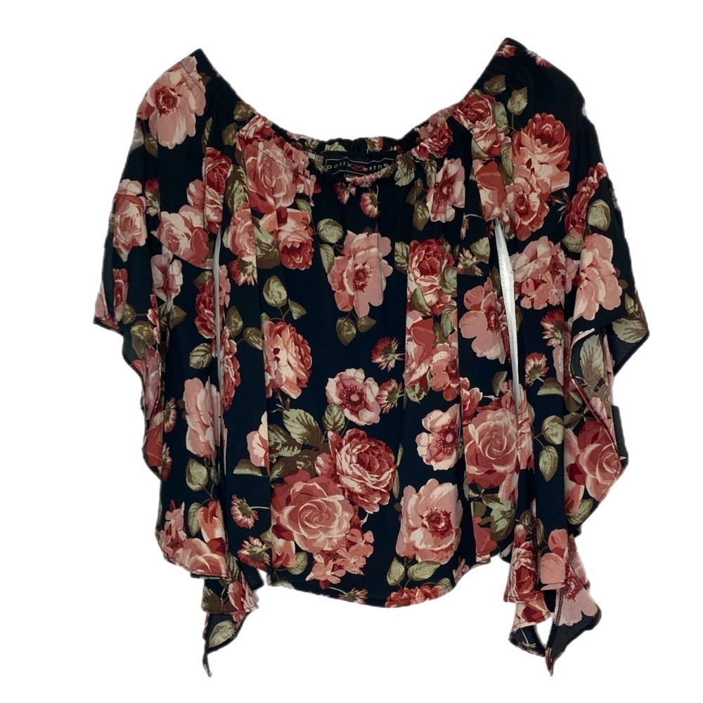 Polly & Esther pink rose print on black off the shoulder blouse